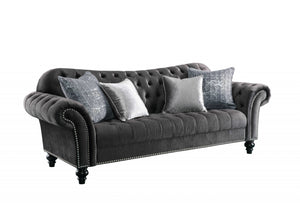 96" X 37" X 37" Dark Gray Velvet Sofa w4 Pillows