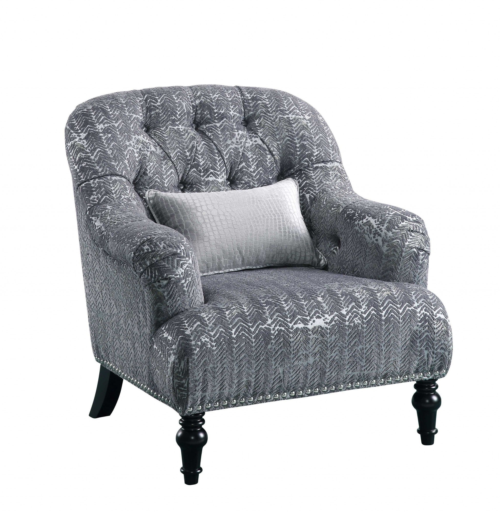 34" Gray And Black Fabric Geometric Tufted Arm Chair