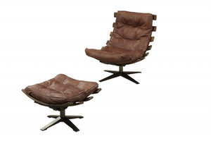 27" X 35" X 33" 2Pc Retro Brown Top Grain Leather Chair And Ottoman