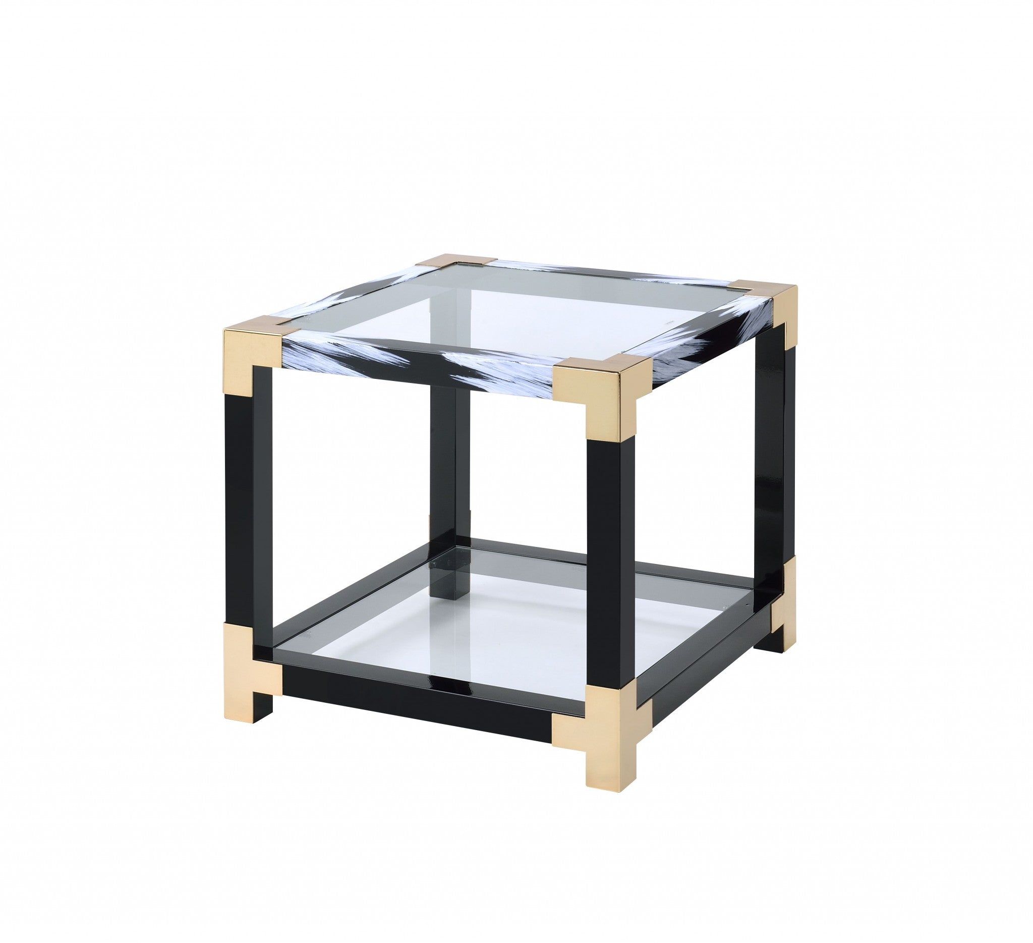 25" Black And Gold And Clear Glass Mirrored End Table With Shelf