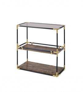 33" Black And Gold And Clear Glass Mirrored End Table With Two Shelves