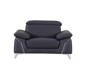 Dark Blue Italian Leather Stationary L Shaped Two Piece Sofa And Chaise