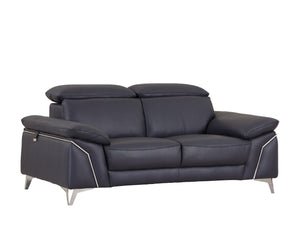 Dark Blue Italian Leather Stationary L Shaped Two Piece Sofa And Chaise