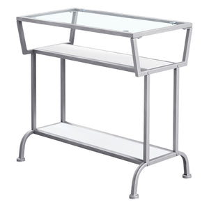 12" X 24" X 22" White Accent Table In Silver Metal With Clear Tempered Glass