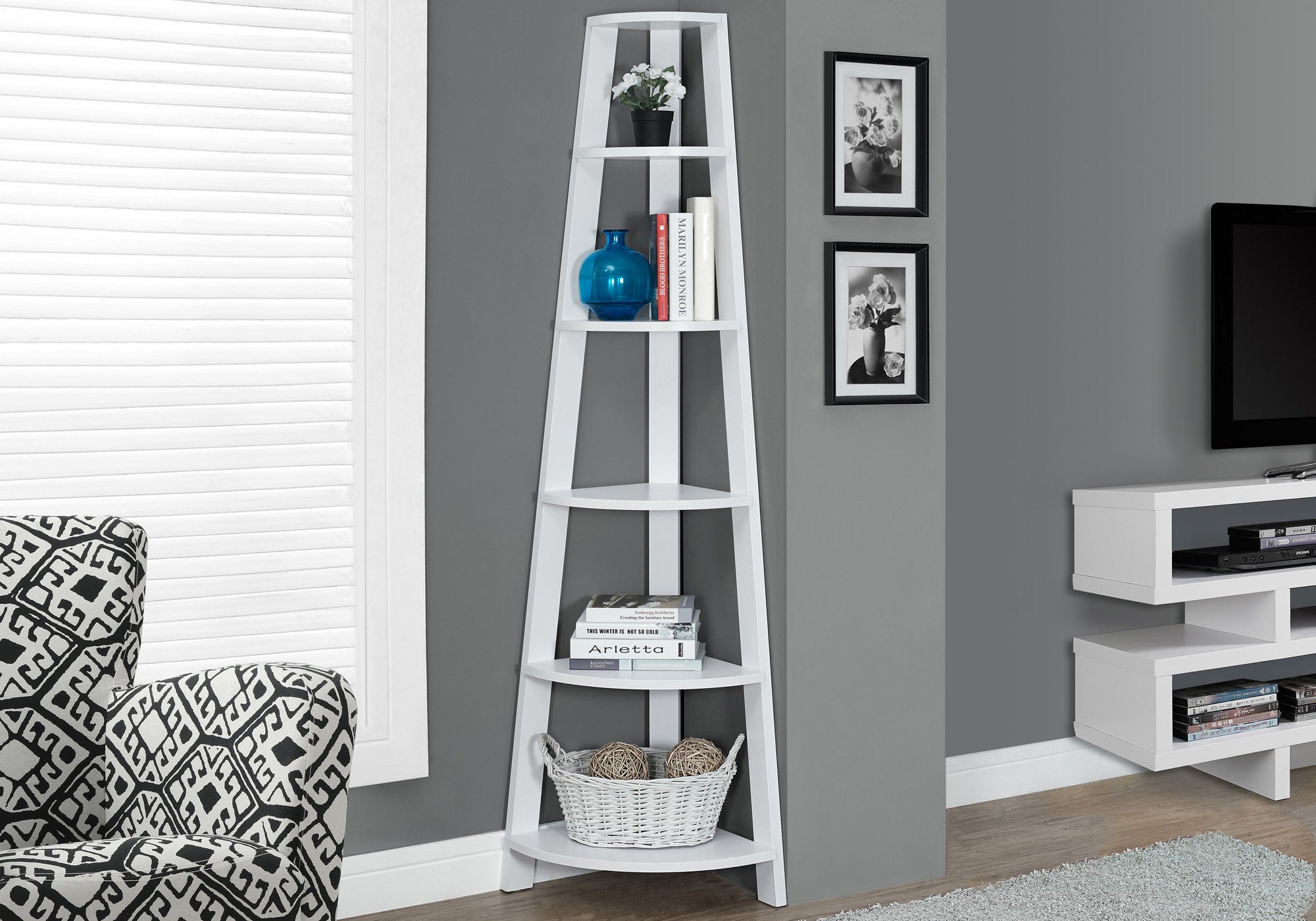 71" Gray And White Five Tier Corner Bookcase