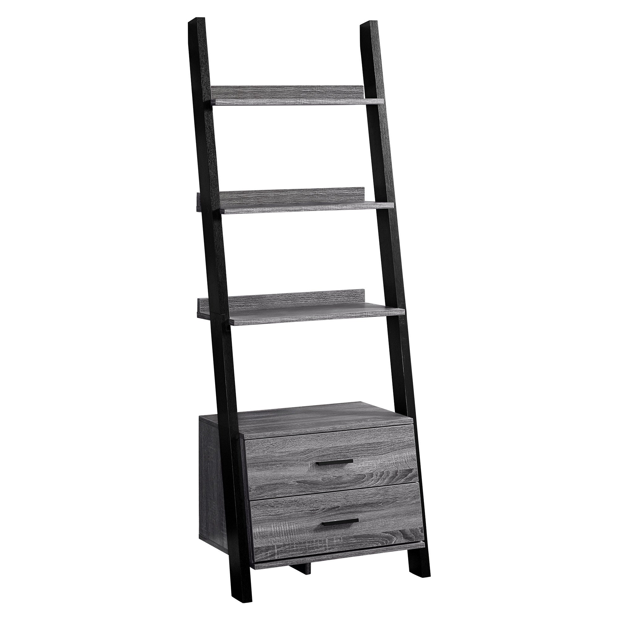 69" Gray And White Four Tier Ladder Bookcase With Two Drawers