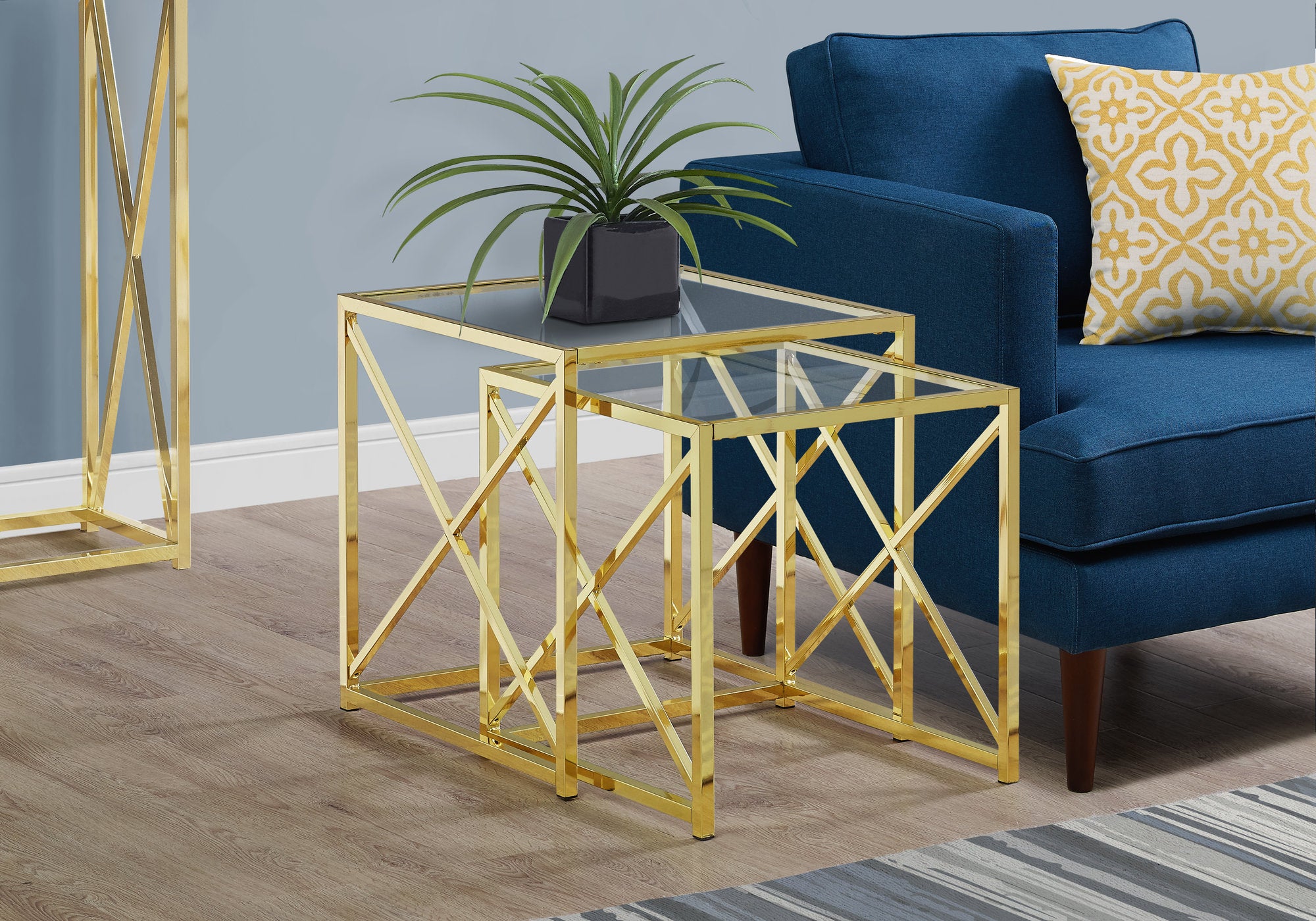 38" Gold Metal And Tempered Glass Two Pieces Nesting Table Set