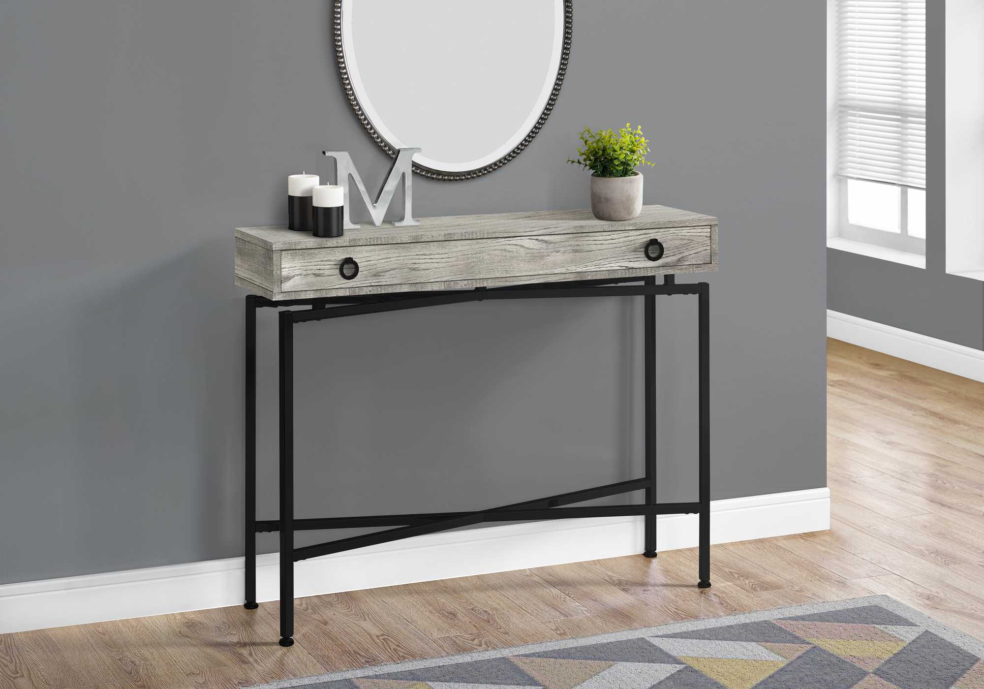 32.5" Taupe Reclaimed Wood Particle Board Accent Table With Black Legs