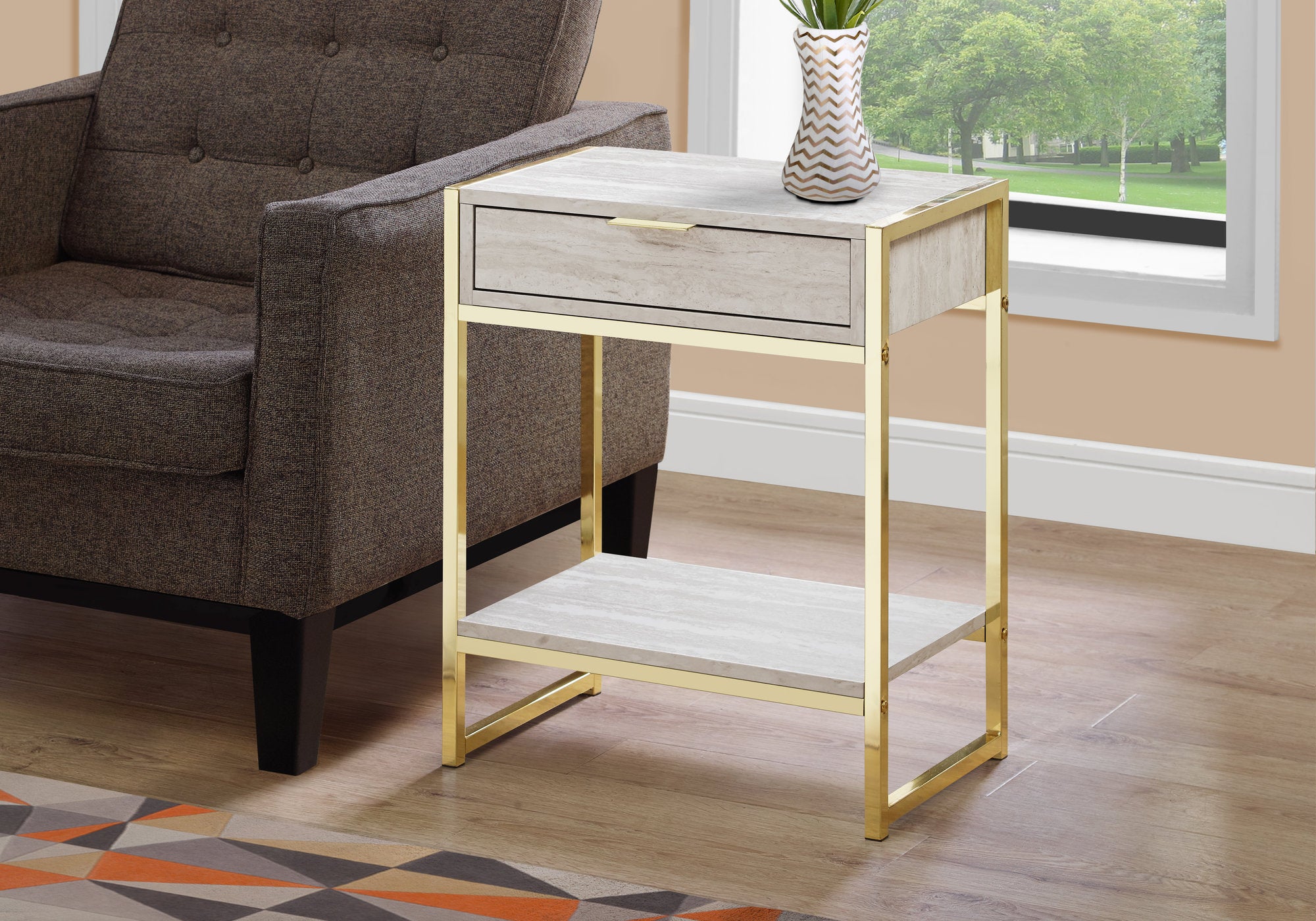 24" Gold And Dark Brown End Table With Drawer And Shelf