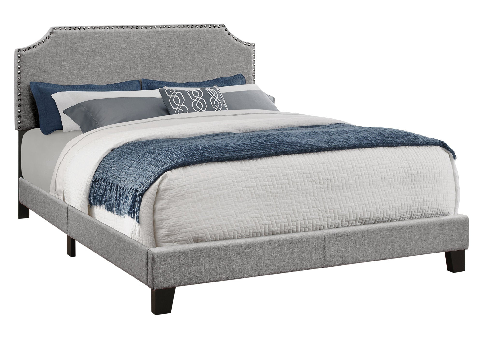 Beige Standard Bed Upholstered With Nailhead Trim And With Headboard