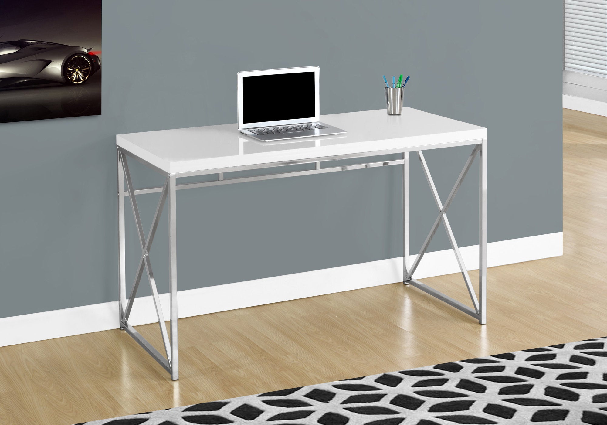 29.75" Glossy White Particle Board And Chrome Metal Computer Desk