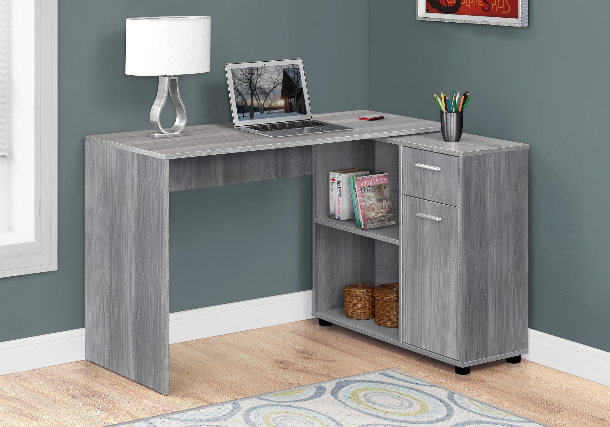 29.5" Grey Particle Board And Laminate Computer Desk With A Storage Cabinet