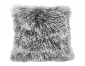 20" Grey Genuine Tibetan Lamb Fur Pillow With Microsuede Backing