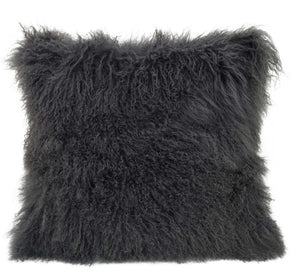 24" Charcoal Genuine Tibetan Lamb Fur Pillow With Microsuede Backing