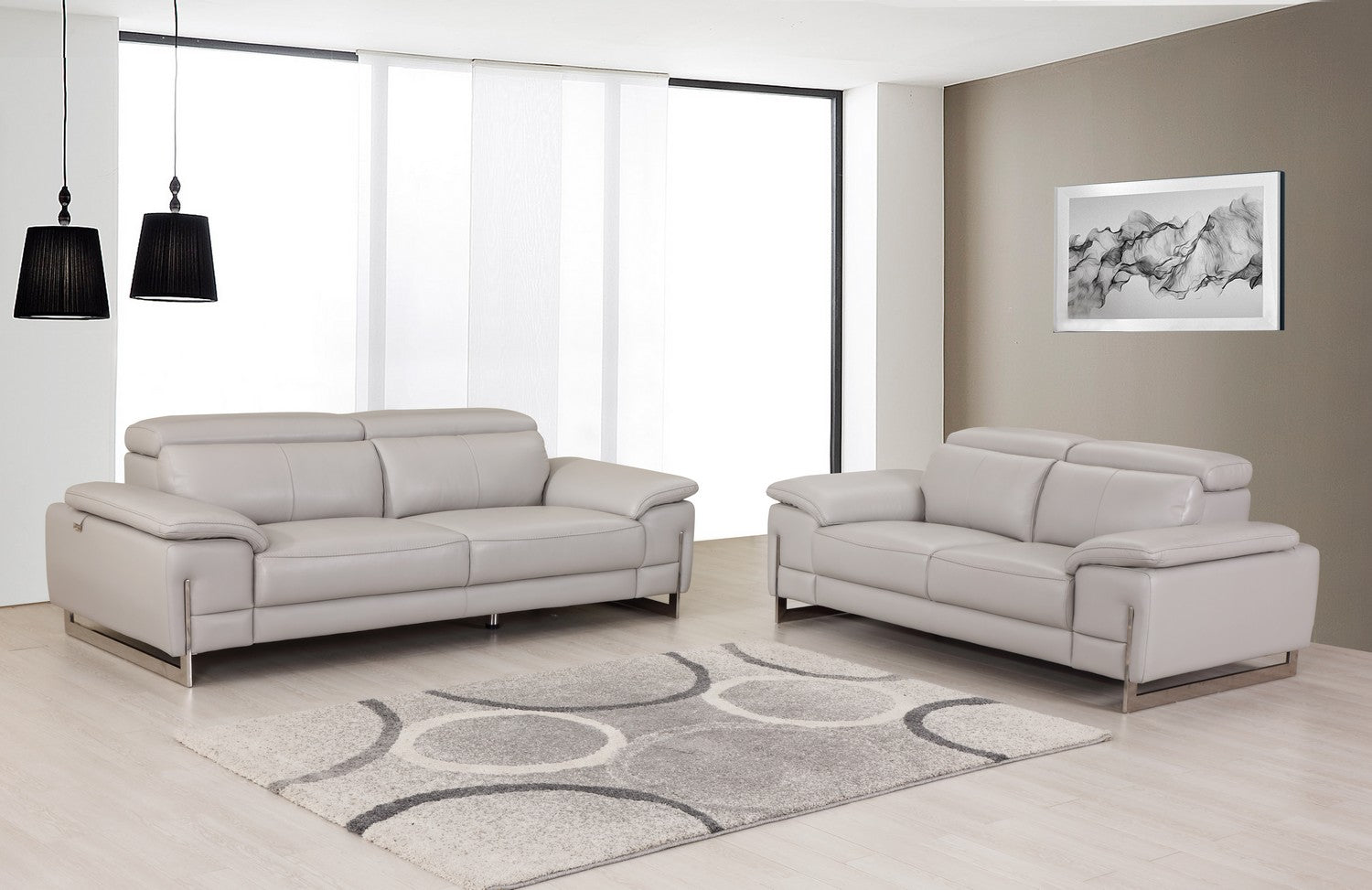 71'" X 42'"  X 31'" Modern Light Gray Leather Sofa And Loveseat