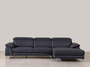 Dark Blue Italian Leather Stationary L Shaped Two Piece Sofa And Chaise