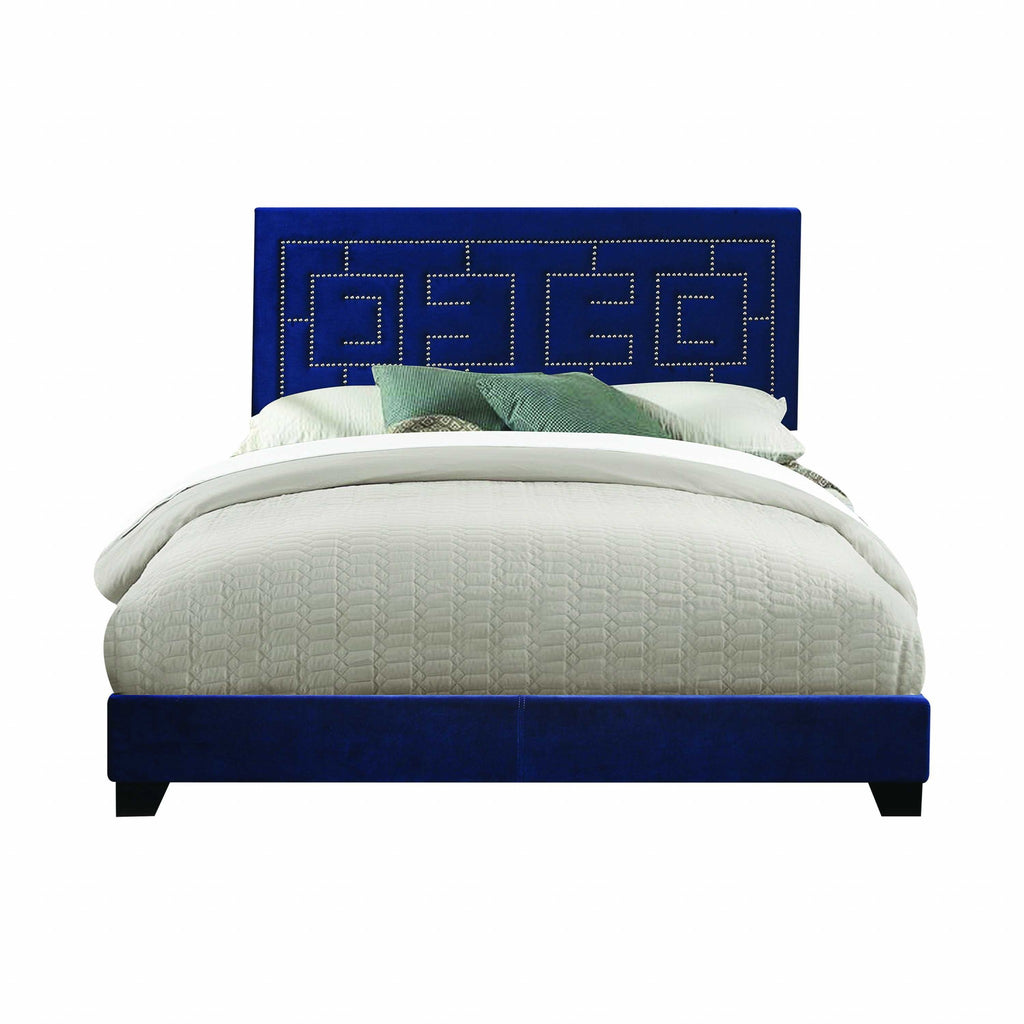 Dark Blue Standard Bed Upholstered With Nailhead Trim And With Headboard - 99fab 