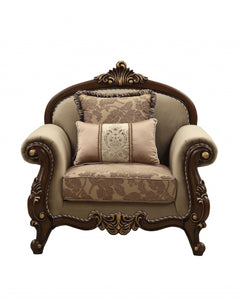 38" Beige And Brown Velvet Floral Club Chair