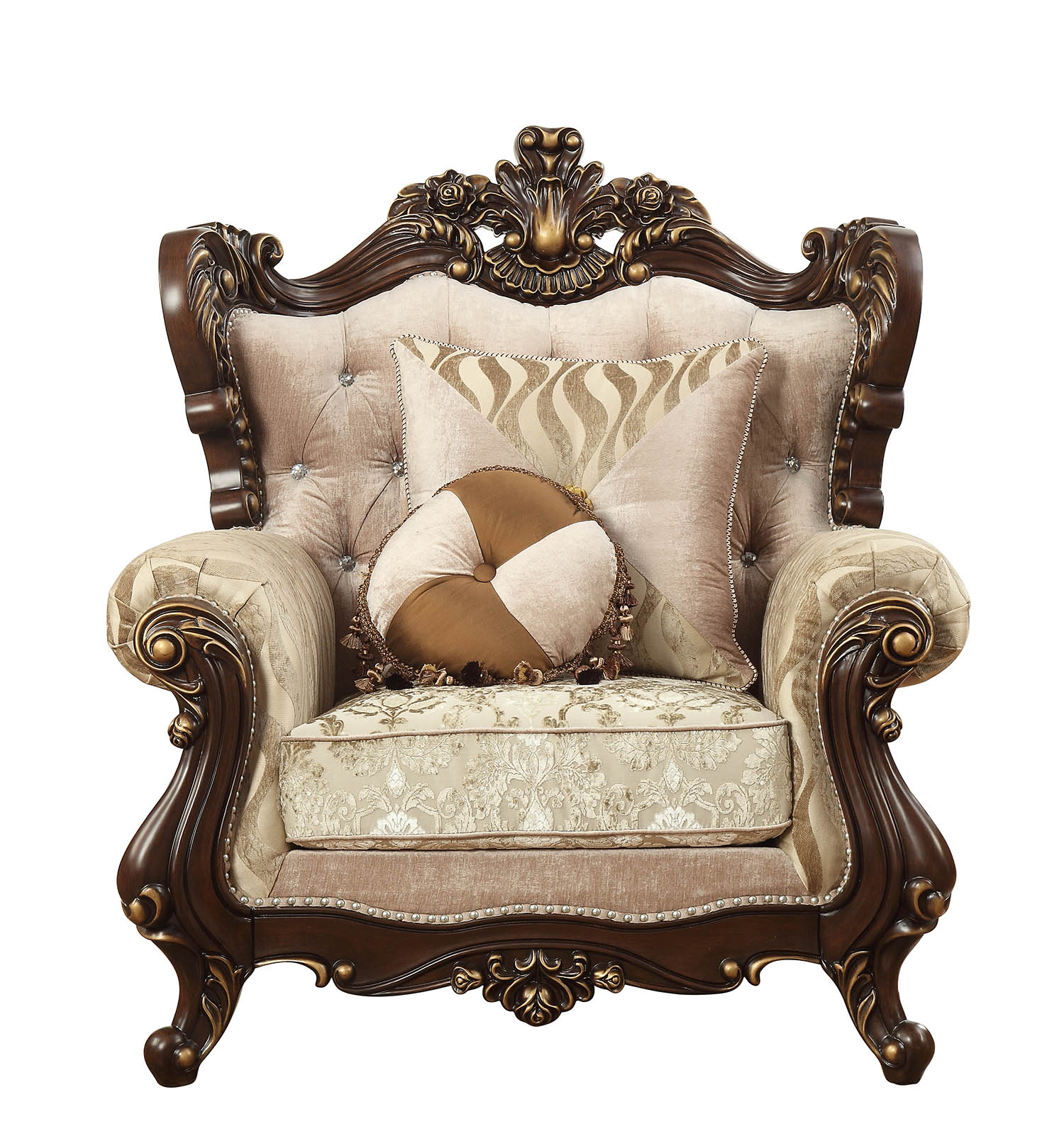 36" Beige And Brown Fabric Damask Tufted Chesterfield Chair