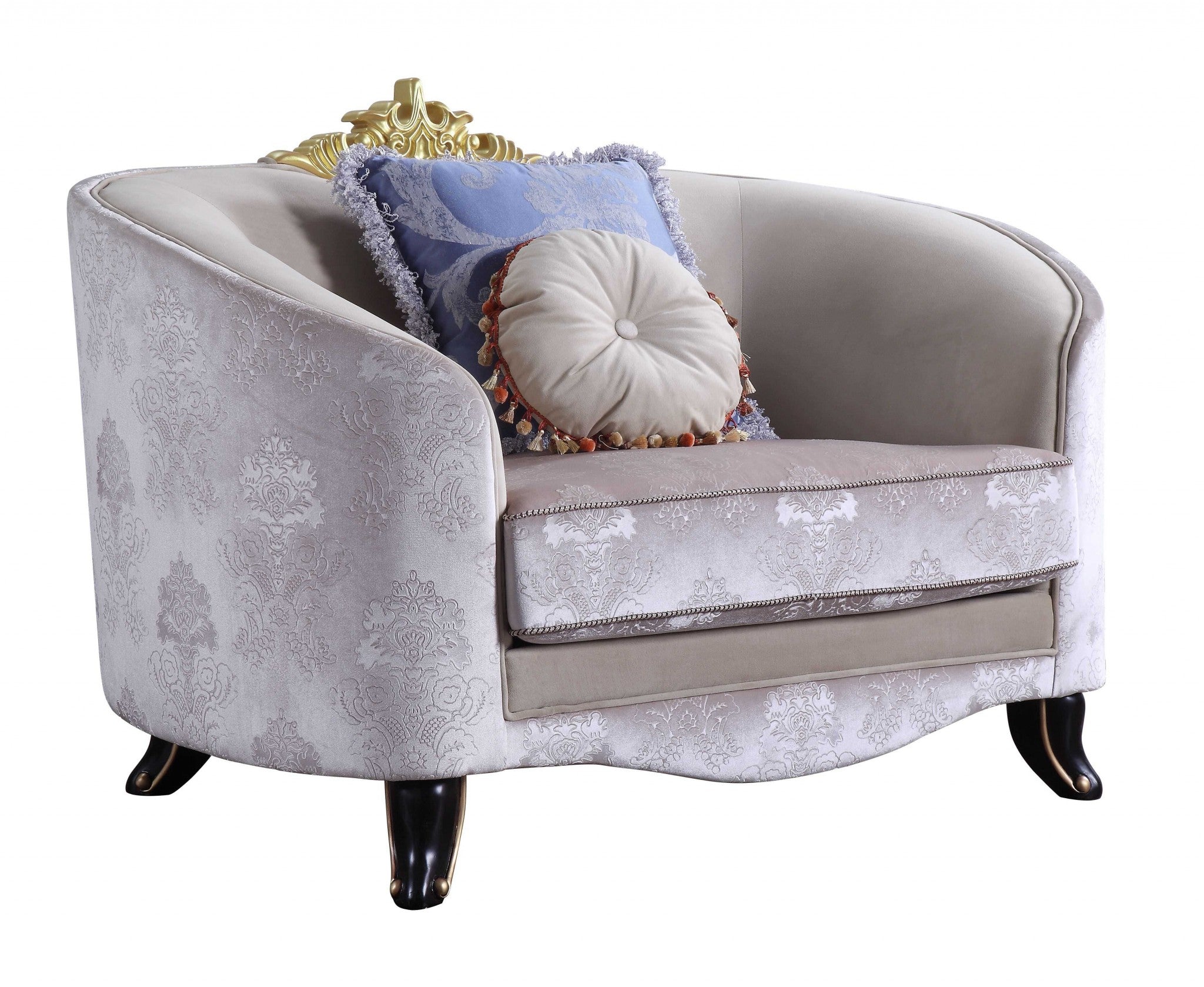 38" Cream And Black Velvet Damask Barrel Chair