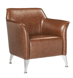 31" Brown And Silver Faux Leather Arm Chair