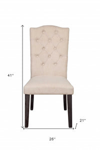 Set Of Two Beige And Espresso Upholstered Fabric Dining Chairs