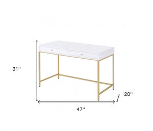 47" White And Gold Mirrored Computer Desk With Two Drawers