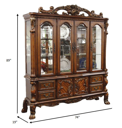 19" X 74" X 89" Cherry Oak Wood Poly Resin Glass Hutch  Buffet