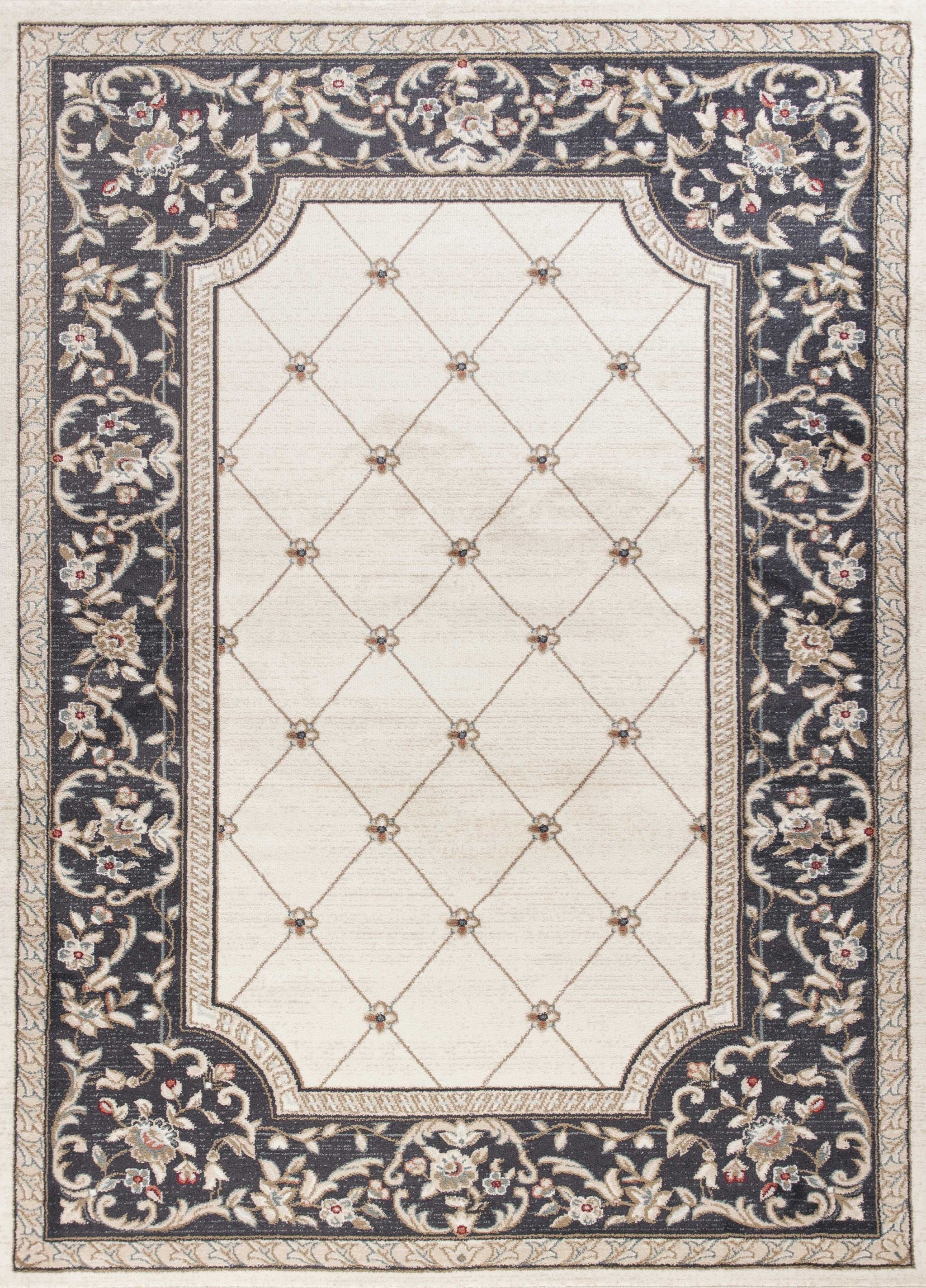 9'X12' Ivory Grey Bordered Floral Indoor Area Rug