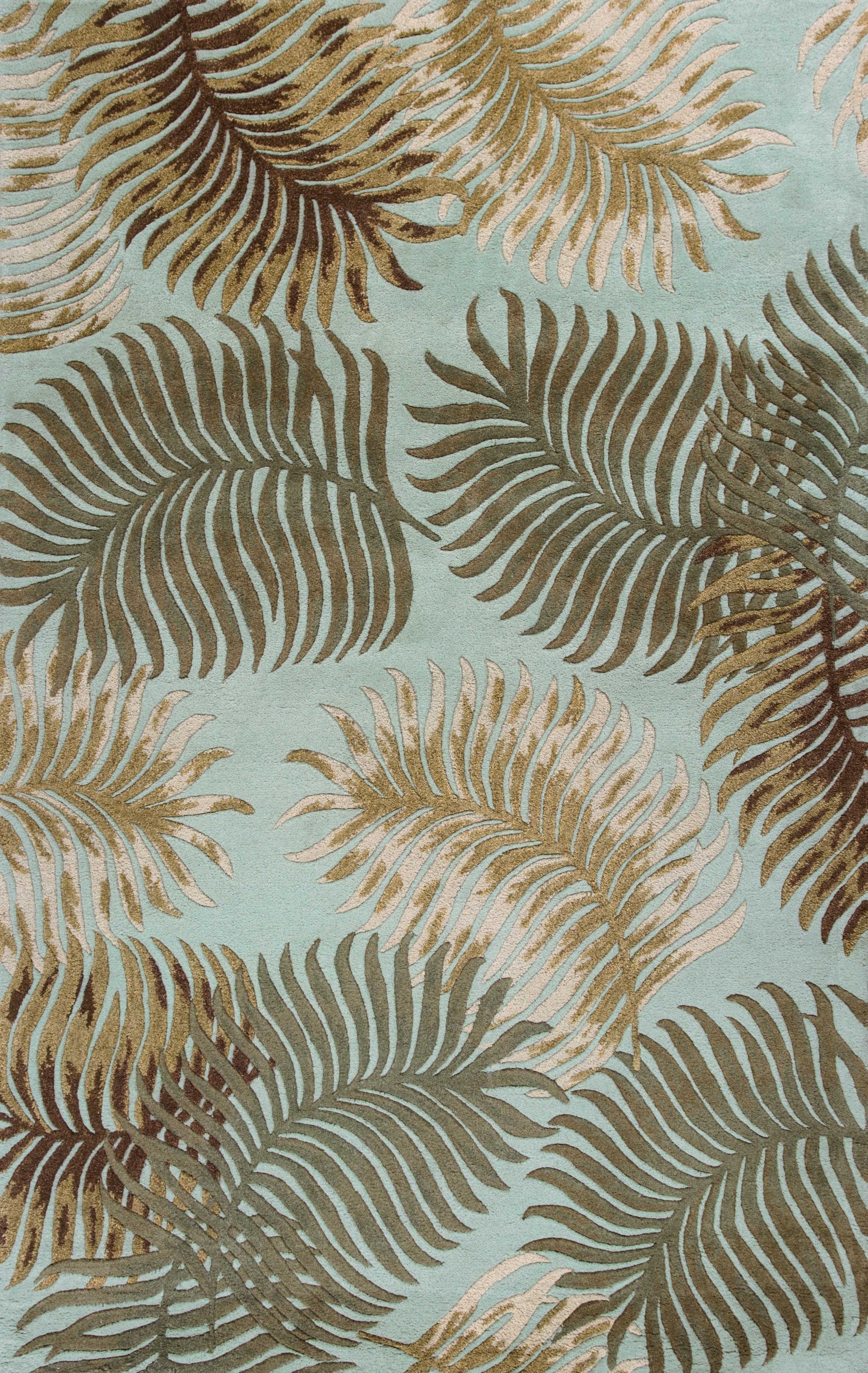 3' X 5' Aqua Fern Leaves Wool Area Rug