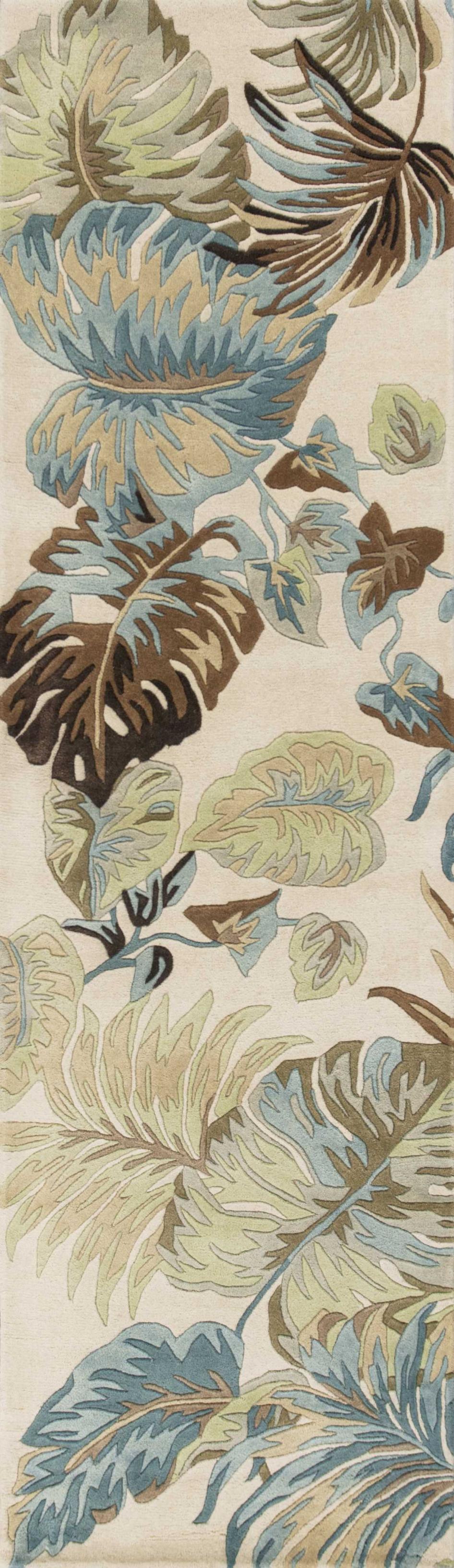 8' Ivory Blue Hand Tufted Tropical Leaves Indoor Runner Rug - 99fab 