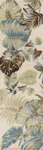 8' Ivory Blue Hand Tufted Tropical Leaves Indoor Runner Rug