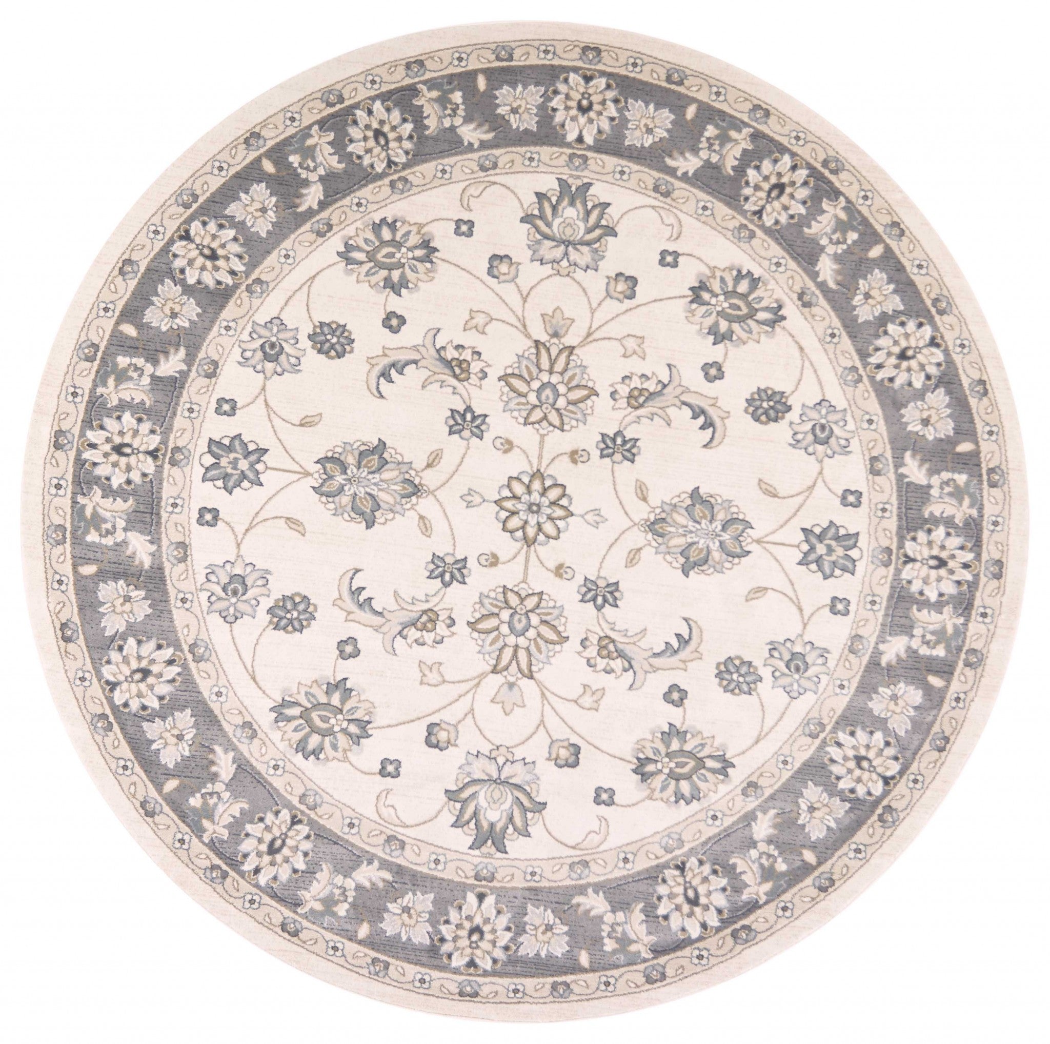 8' Ivory Grey Floral Round Indoor Area Rug