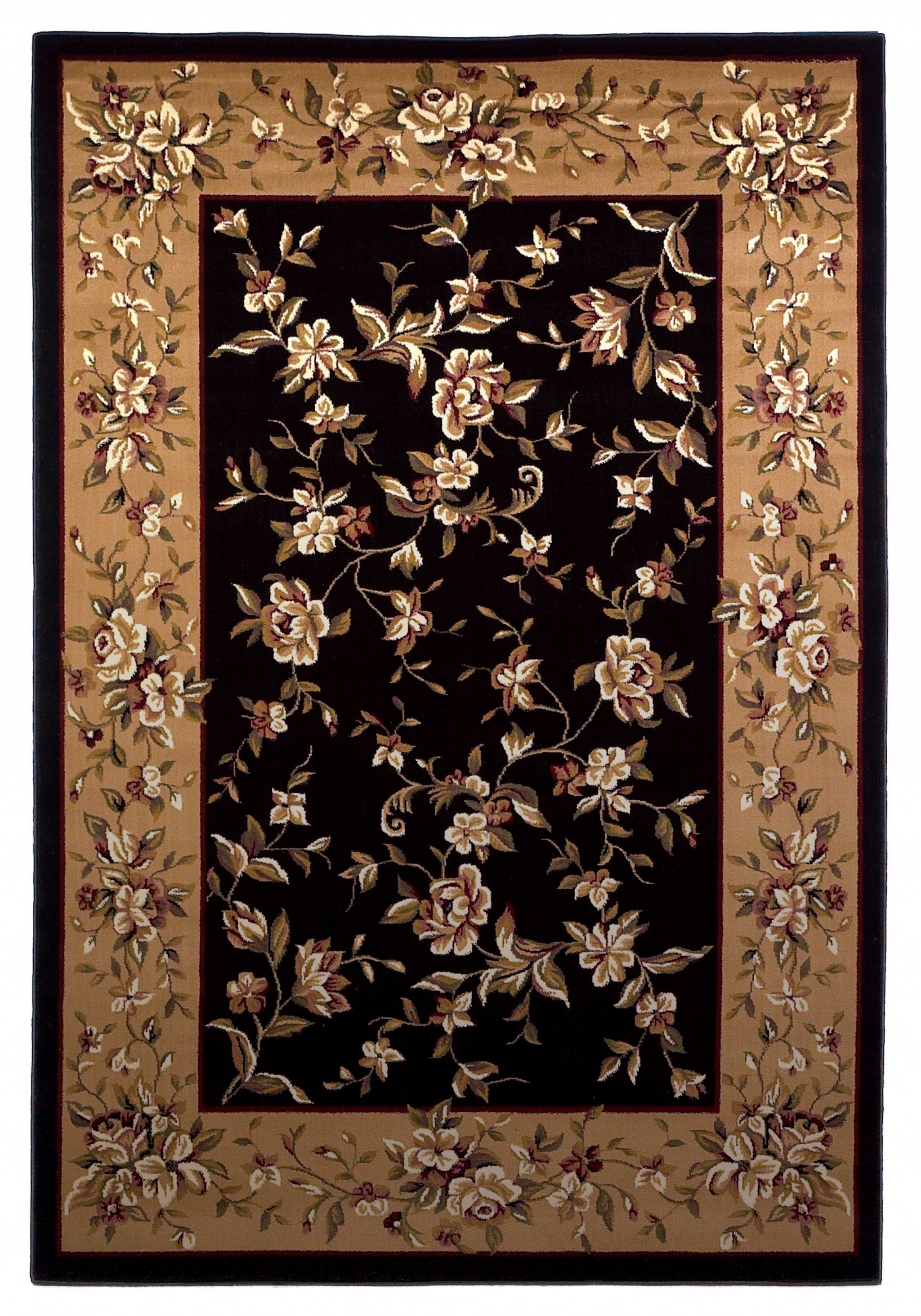 7' Octagon Black Or Beige Floral Bordered Indoor Area Rug