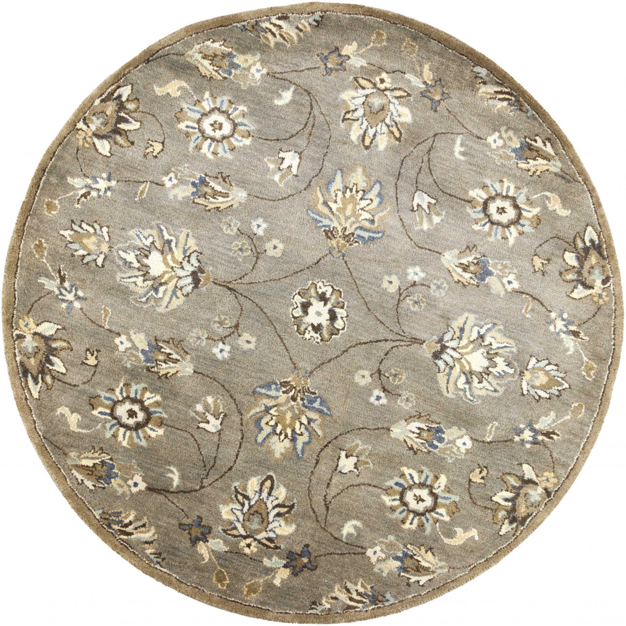 5' Round Grey Floral Vine Wool Indoor Area Rug