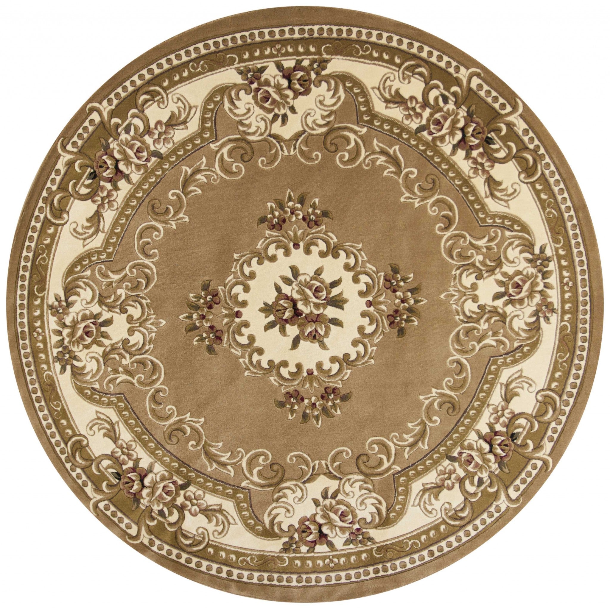 8' Beige Ivory Machine Woven Hand Carved Floral Medallion Round Indoor Area Rug