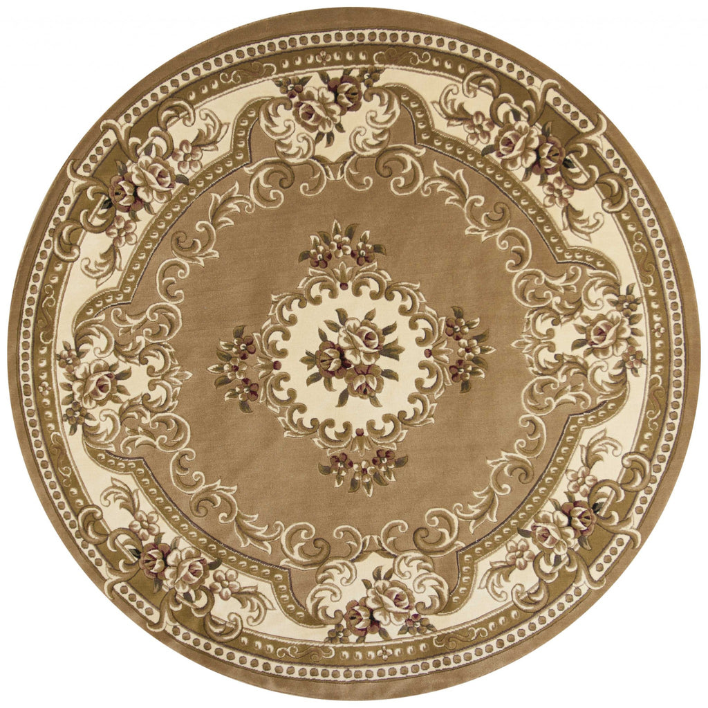 8' Beige Ivory Machine Woven Hand Carved Floral Medallion Round Indoor Area Rug - 99fab 