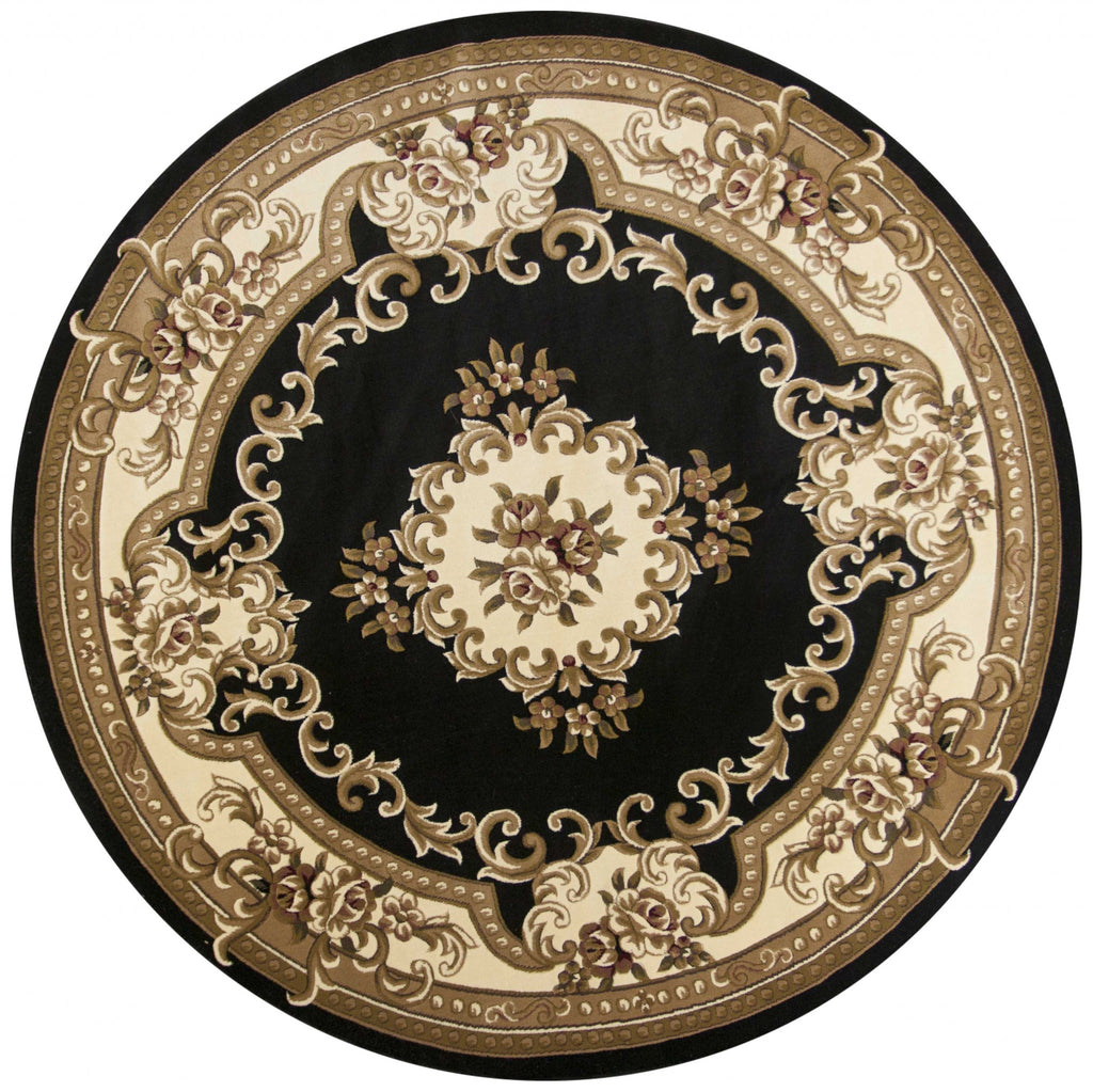 7' Round Black Or Ivory Floral Bordered Indoor Area Rug - 99fab 