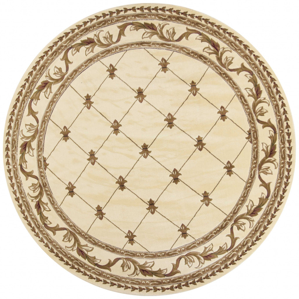 8' Ivory Machine Woven Hand Carved Fleur De Lis Round Indoor Area Rug - 99fab 