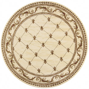 8' Ivory Machine Woven Hand Carved Fleur De Lis Round Indoor Area Rug