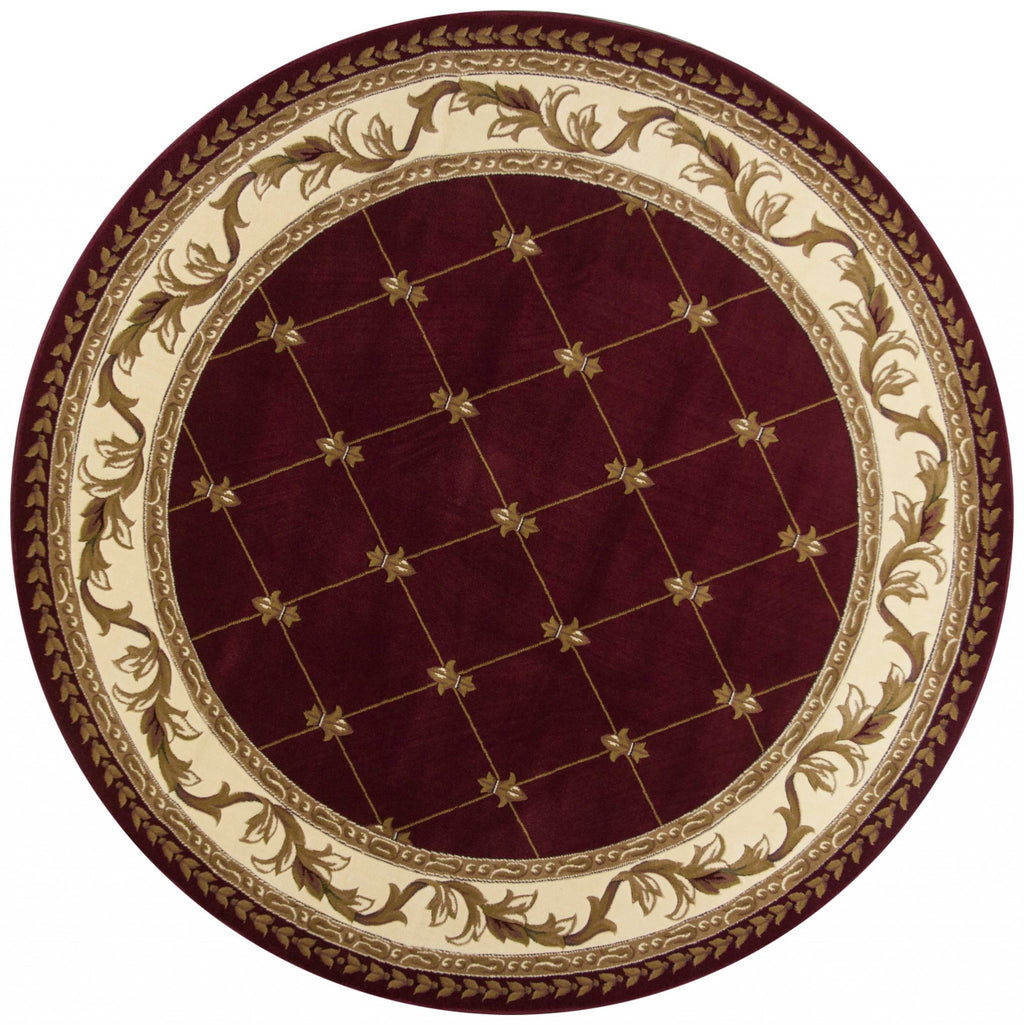 7' Round Burgundy Diamond Fleur De Lis Bordered Indoor Area Rug - 99fab 