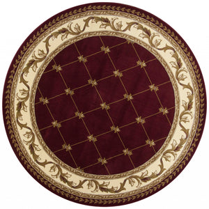 7' Round Burgundy Diamond Fleur De Lis Bordered Indoor Area Rug