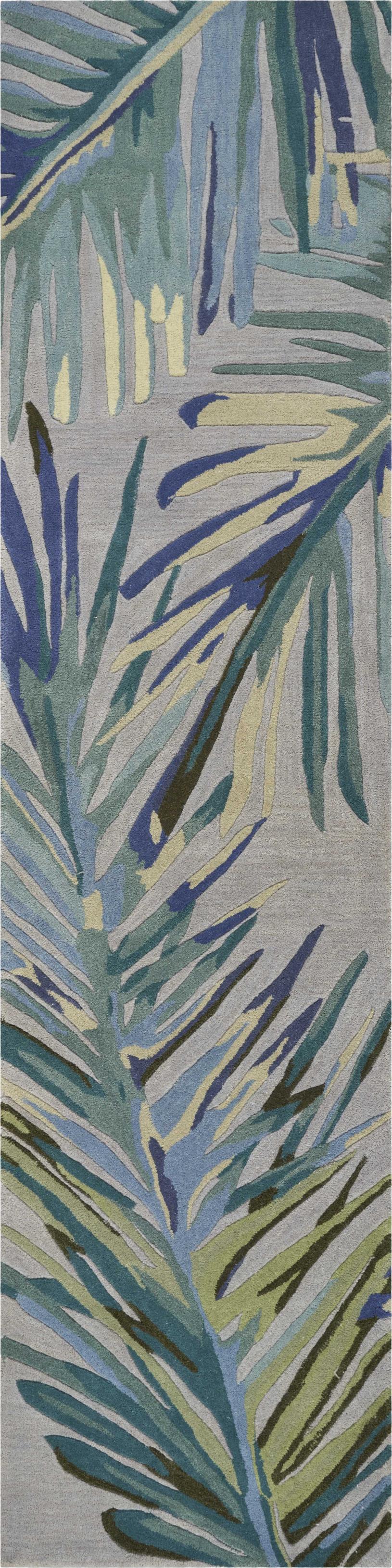 2' X 10' Grey Or Blue Tropical Leaves Wool Indoor Runner Rug