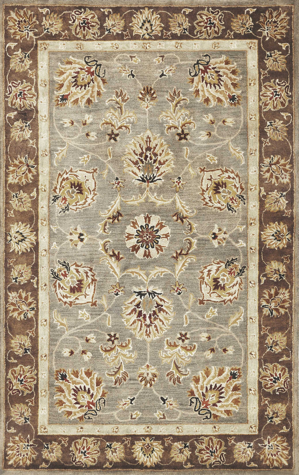 5' X 8' Grey Or Mocha  Floral Bordered Wool Indoor Area Rug - 99fab 