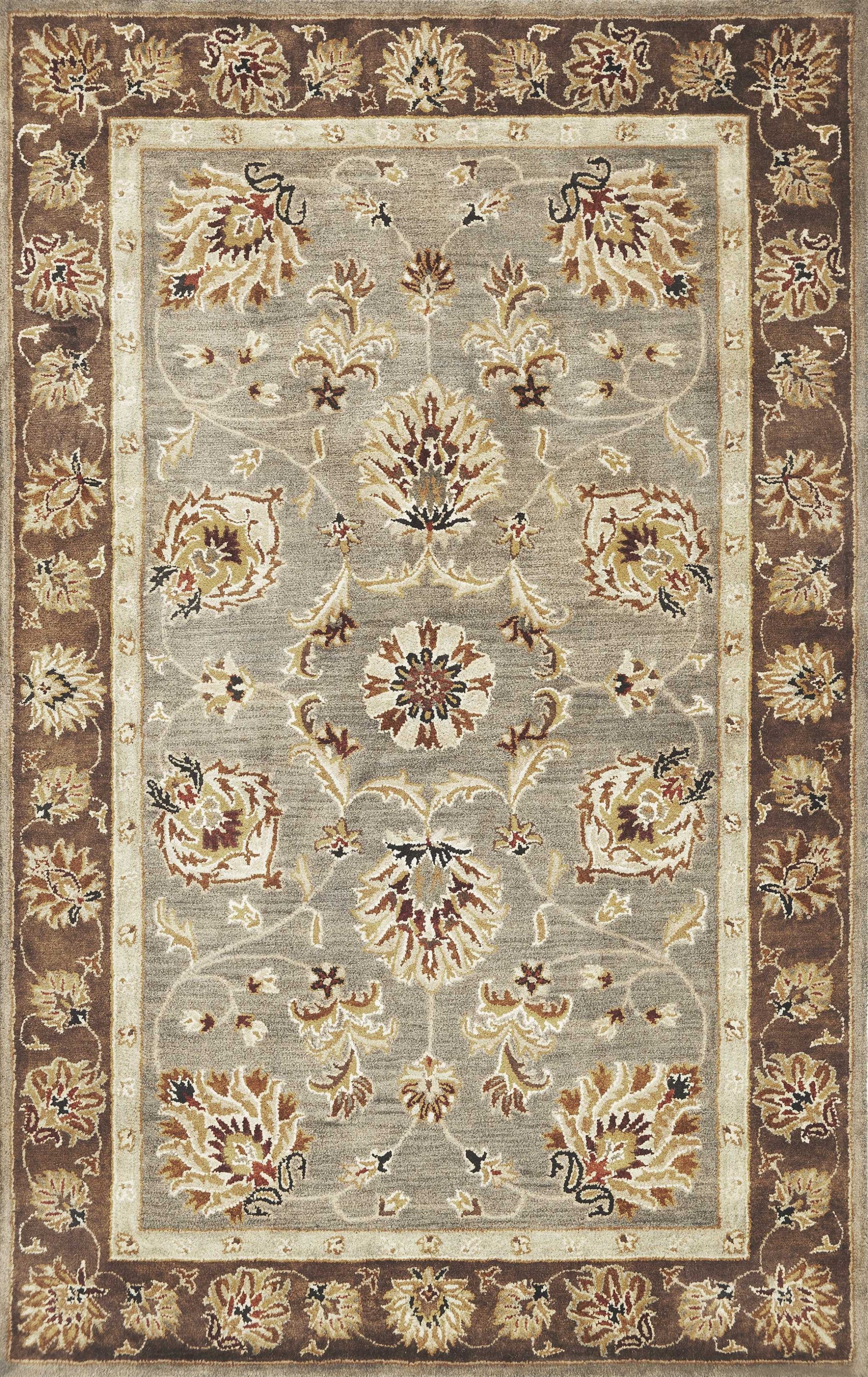 5' X 8' Grey Or Mocha  Floral Bordered Wool Indoor Area Rug