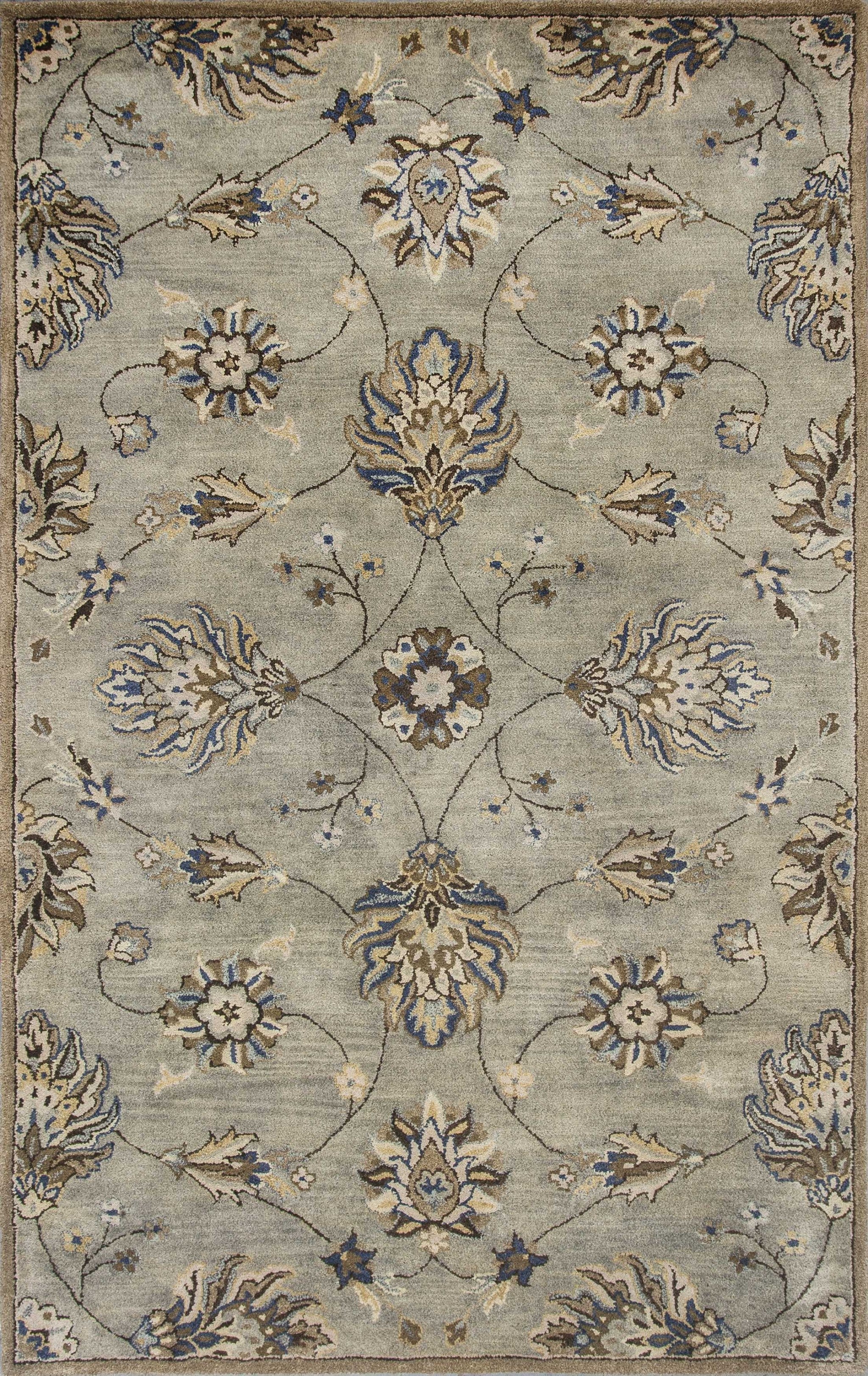 5'X8' Grey Green Hand Tufted Traditional Floral Indoor Area Rug