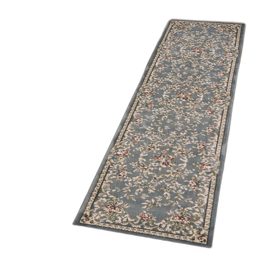 8' Slate Blue Bordered Floral Indoor Runner Rug - 99fab 