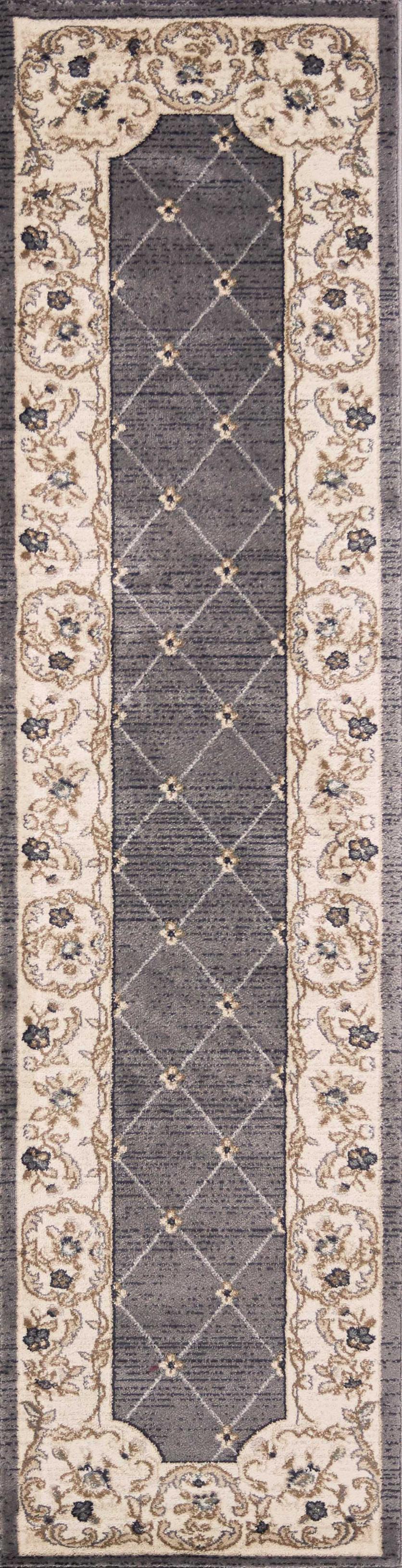 8' Grey Ivory Bordered Floral Indoor Runner Rug - 99fab 