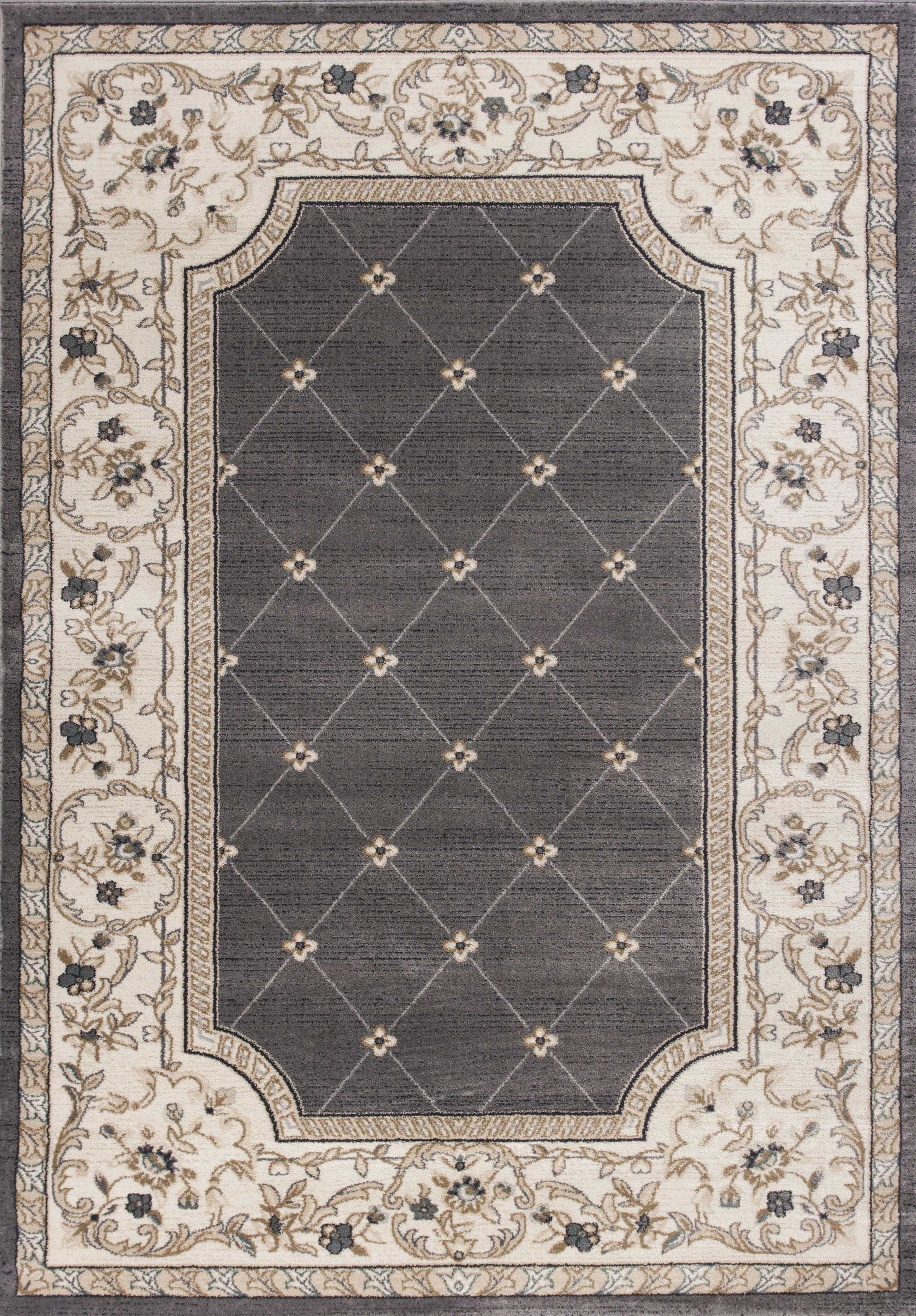 3'X5' Grey Ivory Bordered Floral Indoor Area Rug