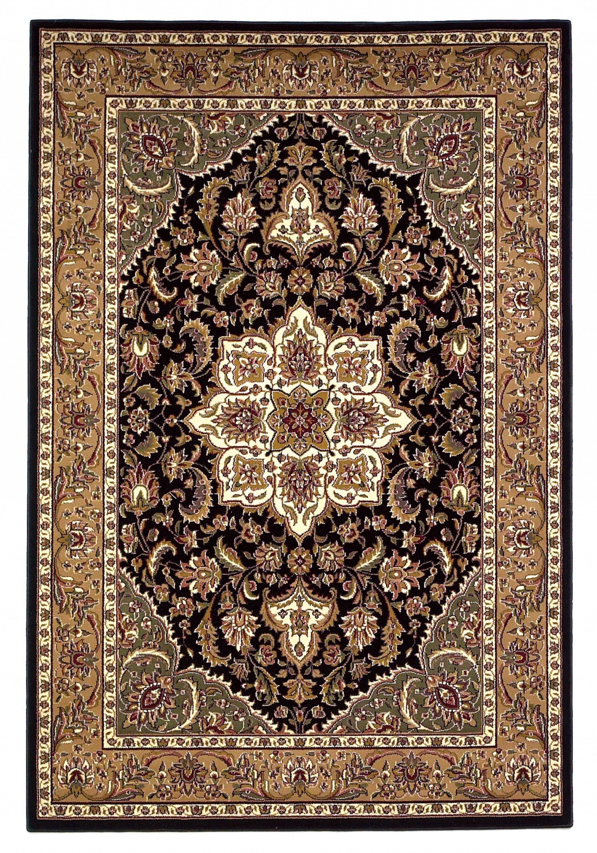 3'X5' Black Beige Machine Woven Floral Medallion Indoor Area Rug